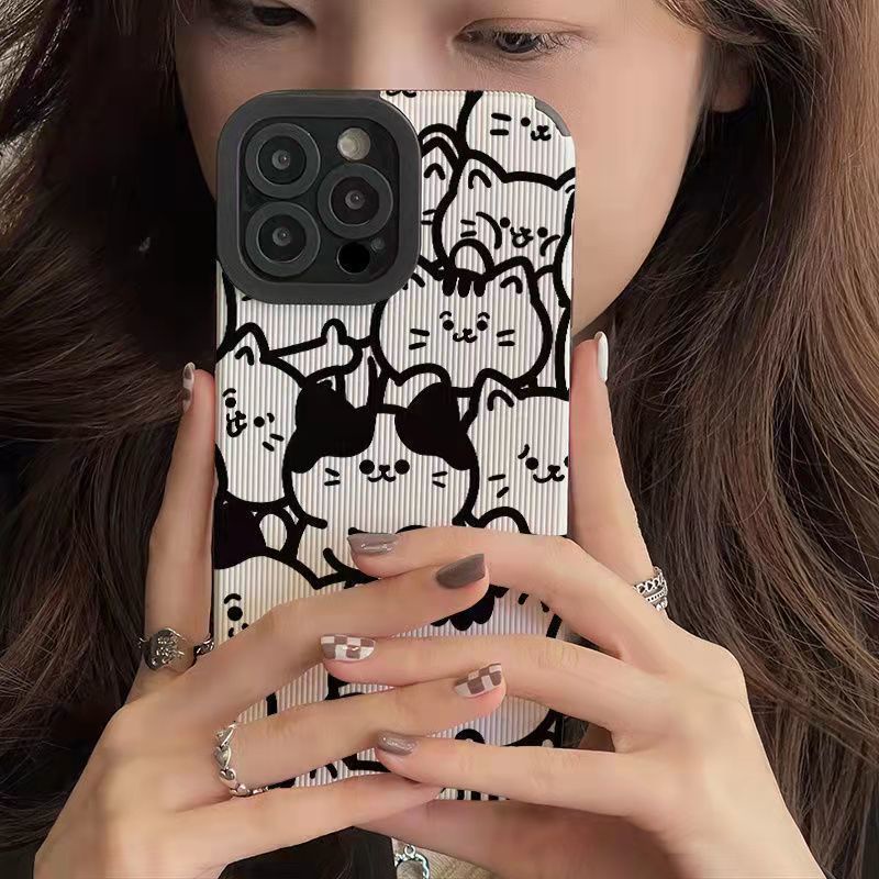 【Lamb Skin】Vertical Grain Soft Case for IPhone 6S 7 Plus 8 Plus X XS XR XS Max 11 13 12 14 PRO Max 14 Plus 13 12 Mini Cute Black and White Line Cat Cartoon