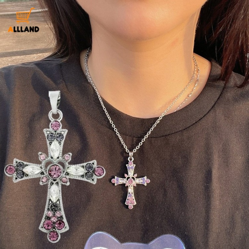 Gothic Pink Kristal Jantung Salib Liontin Kalung/Indah Zirkon Ungu Rantai Klavikula/Aksesoris Perhiasan Pesta Wanita