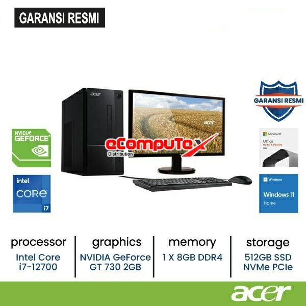 PC DESKTOP ACER ASPIRE ATC-1750 INTEL CORE GEN i7-12700 / NVIDIA GEFORCE GT730 WITH 2GB / RAM 8GB 512GB SSD / DVDRW WIN 11+OHS 22&quot; GARANSI RESMI