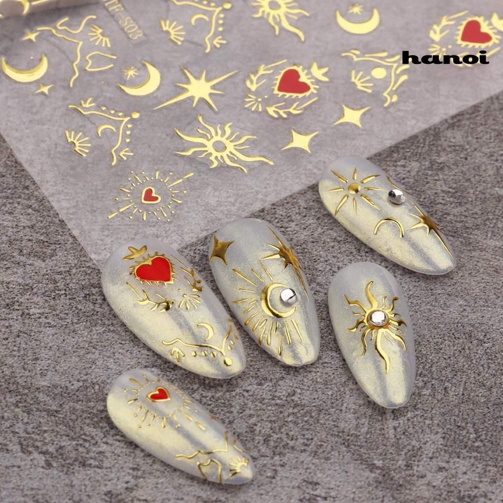 Hi 2lembar Stiker Kuku Matahari Shiny Self-Adhesive Tidak Luntur Gloss DIY Tiga Dimensi Golden Sliver Bulan Bintang Nail Art Patch Untuk Manicure