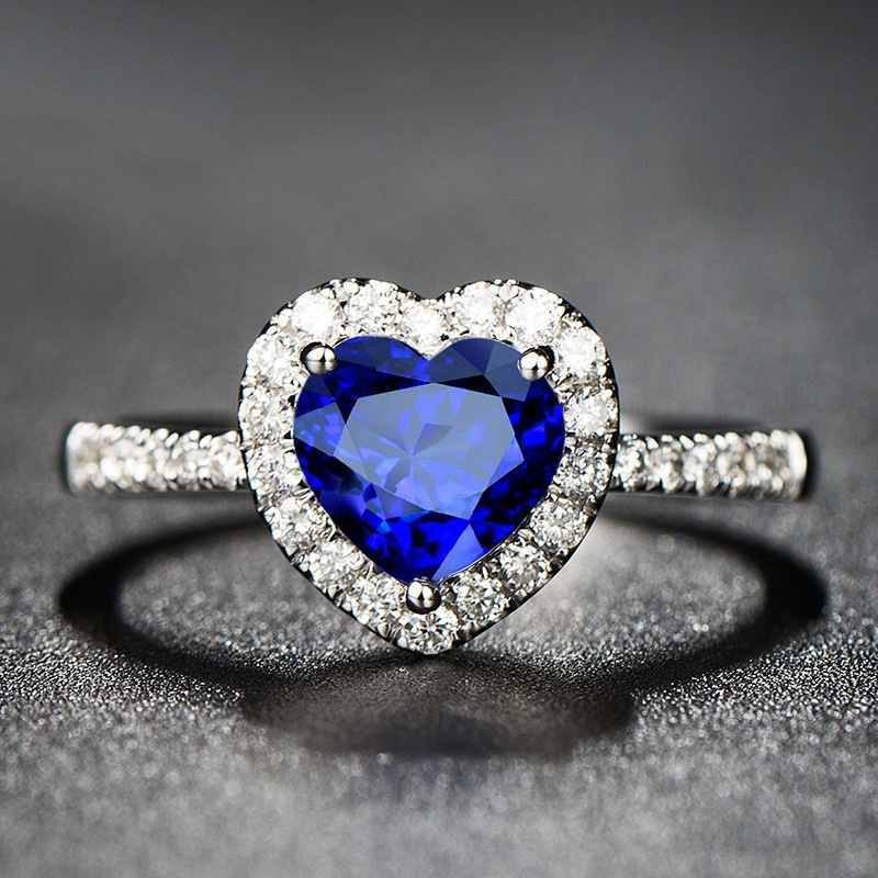 Goldkingdom Aksesoris Perhiasan Fashion Ready Stock Royal Blue Heart Sapphire Ring Cincin Permata Warna-Warni Wanita