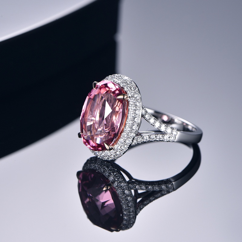 Goldkingdom Fashion Perhiasan Aksesoris Ready Stock Perhiasan 5karat Sintetis Pink Tourmaline Cincin Perempuan Berlapis 18K Emas Putih Bertatahkan Zirkon Hidup Cincin