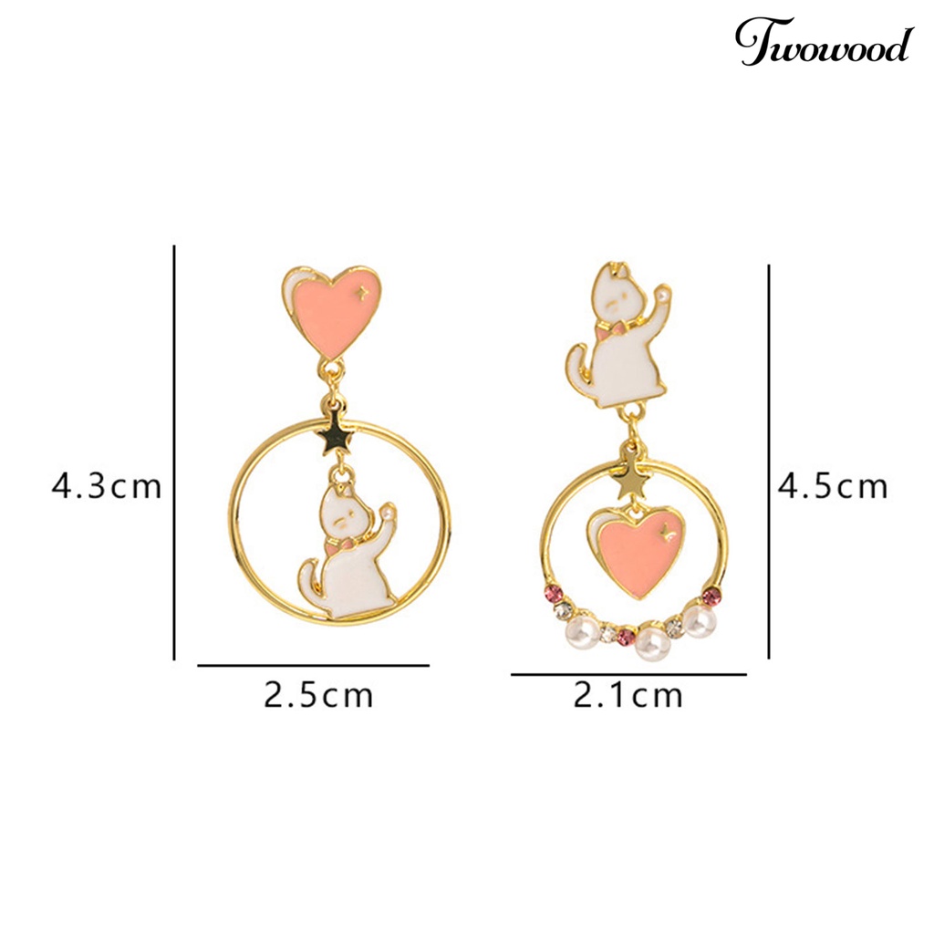 Twowood 1pasang Anting Pejantan Jepang Korea Gaya Berongga Cincin Berlian Imitasi Mutiara Imitasi Hadiah Menyenangkan Kartun Kucing Cinta Hati Gadis Drop Earrings Fashion Perhiasan