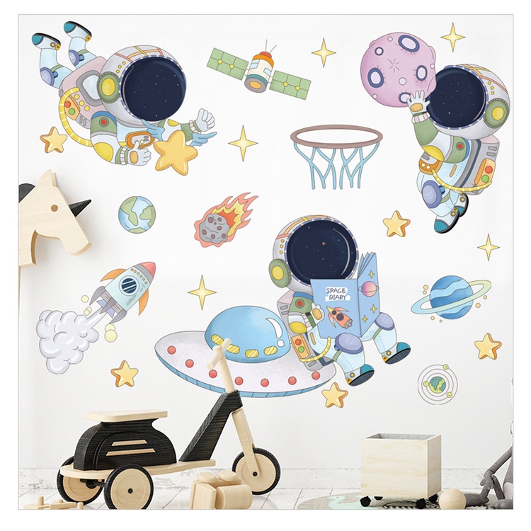 Stiker Dinding Roket Luar Angkasa Untuk Anak Dekorasi Dinding Kamar Anak Kartun Astronot Dapat Dilepas PVC Decals