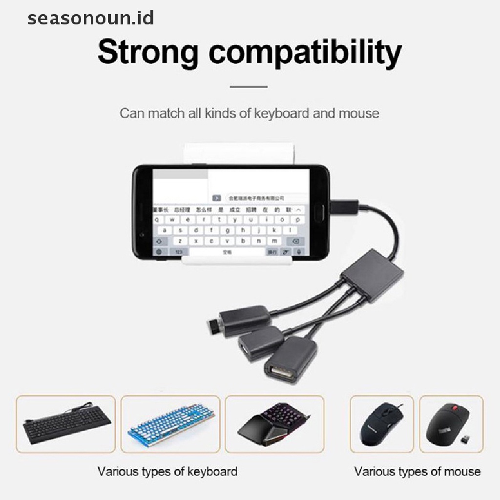 Seasonoun 3in1 Micro USB To 2konverter Adapter HUB 3port OTG Micro-USB Type-C Untuk Tablet Keyboard Mouse Android.