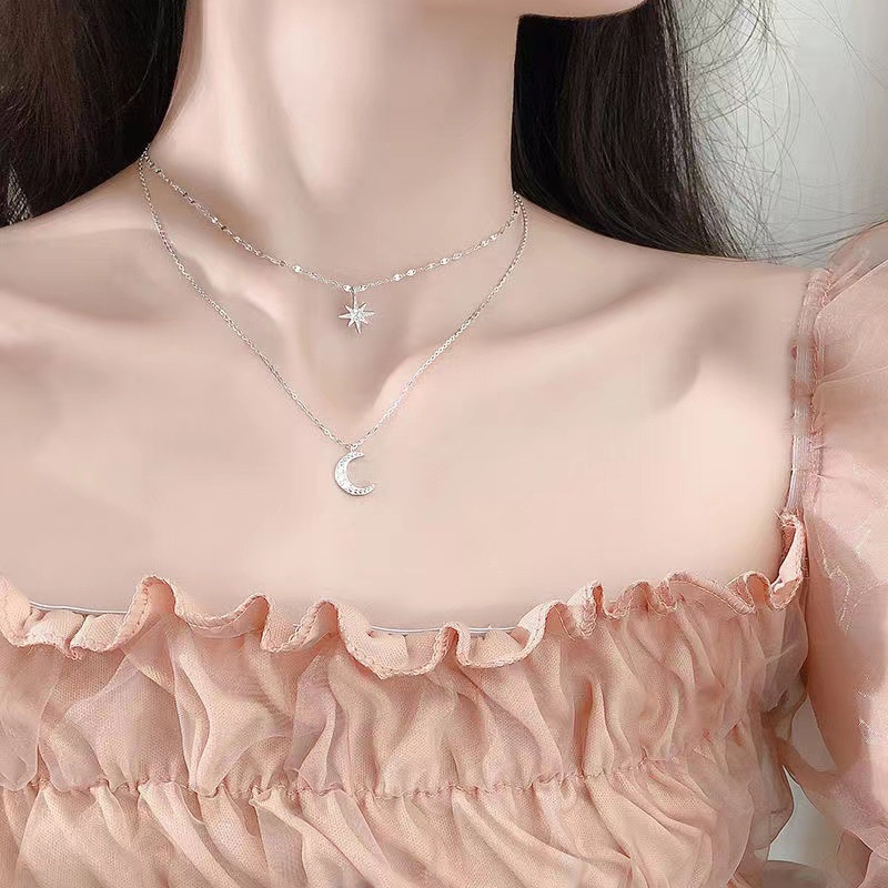 Fashion Sederhana Double Layer Bintang Bulan Pesona Kalung Indah Zirkon Rantai Klavikula Untuk Aksesoris Perhiasan Wanita