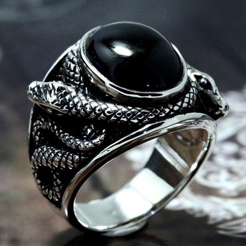 Punk Cincin Batu Permata Hitam Untuk Pria Perhiasan Vintage Kuno Warna Perak Salib Ular Diukir Logam Oval Zirkon Jari Cincin Hadiah