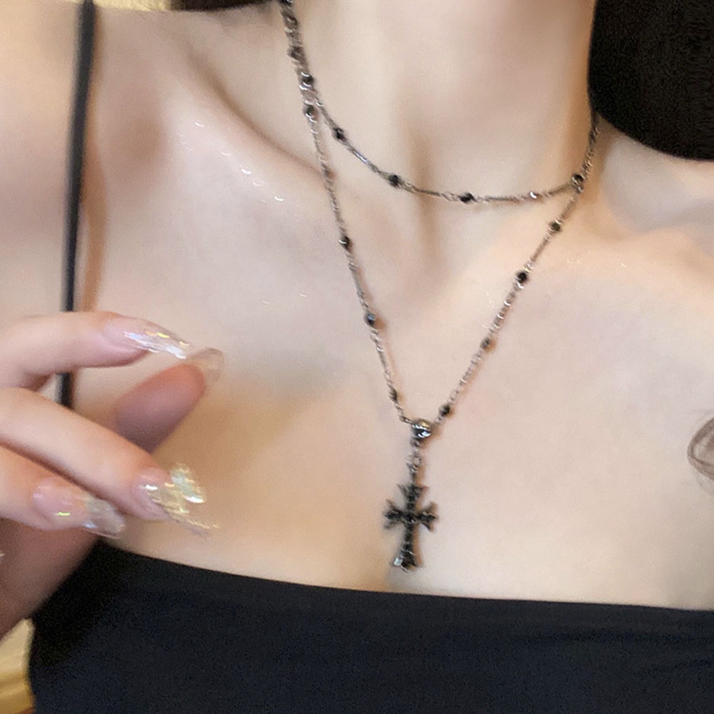 Y2k Double-layer Cross Pendant Kalung Wanita Gadis Kepribadian Panjang Manik-Manik Klavikula Rantai Perhiasan