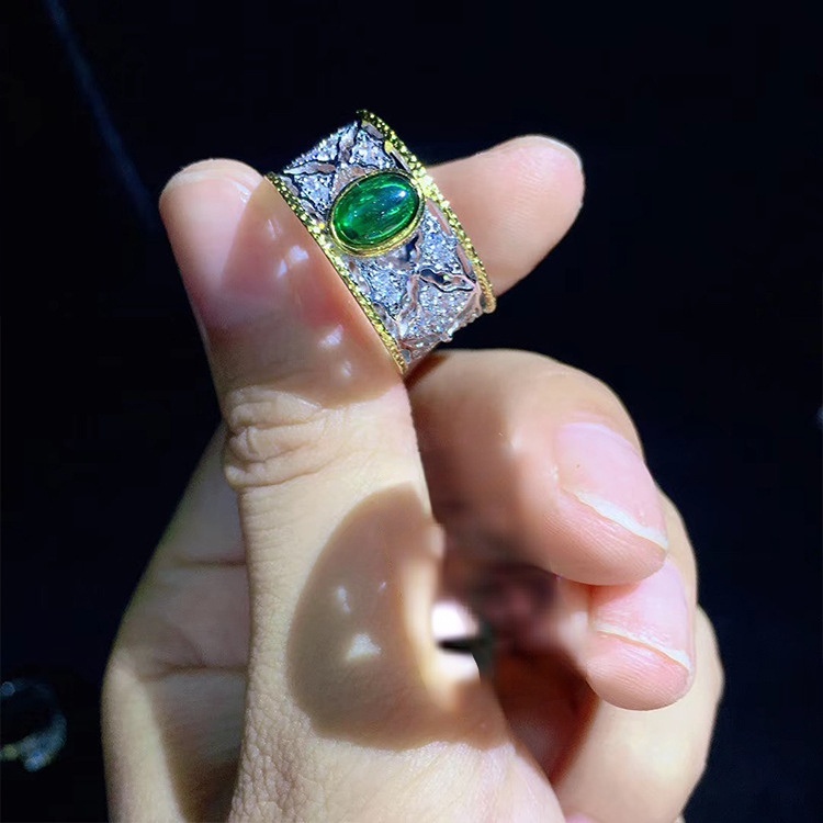 Goldkingdom Aksesoris Perhiasan Fashion Ready Stock French Retro Woven Grafir Emas Asli Kadar 375 Digambar Tangan Yang Dapat Disesuaikan Cincin Set Dengan Zamrud Colombia Ring