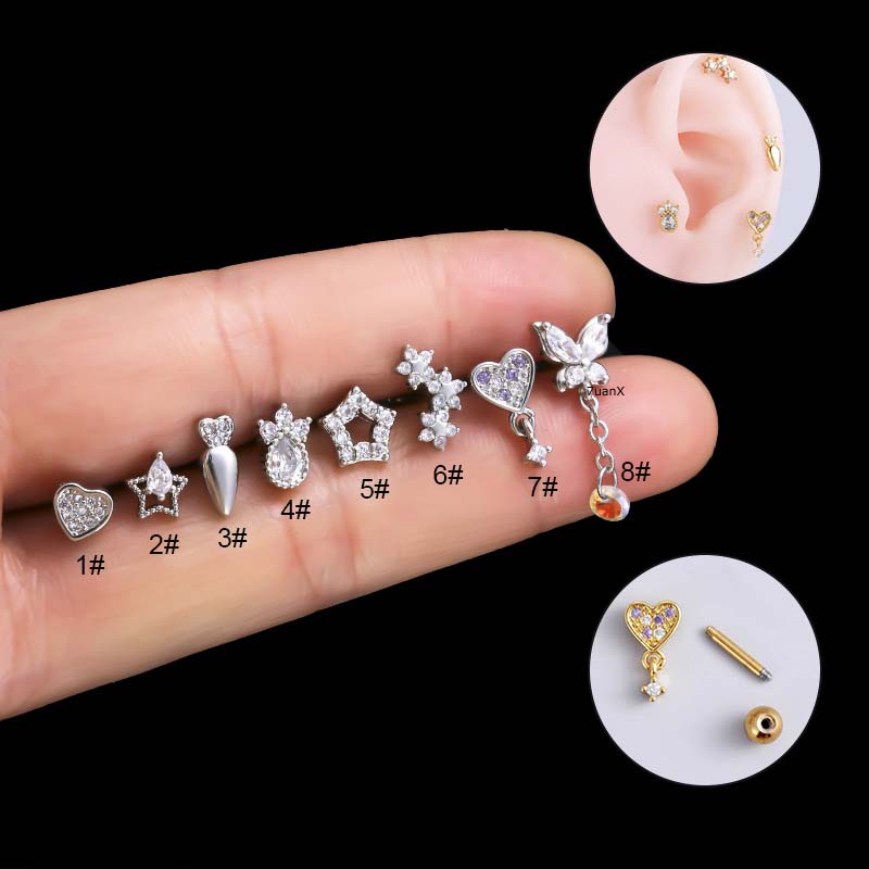 1biji Hati Bintang Bunga Kupu-Kupu Rantai Menjuntai Tulang Rawan Anting Stud Helix Pinna Lobe Piercing 16Gauge