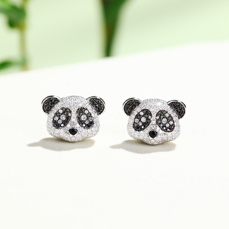 Goldkingdom Aksesoris Perhiasan Fashion Ready Stock Desain Industri Berat Ringan Mewah Penuh Berlian Batu Hitam Panda Lucu Ear Studs Perempuan