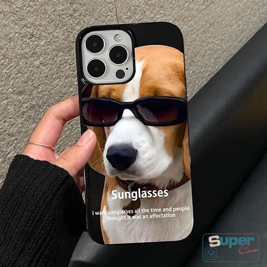 Anjing Lucu Dengan Kacamata Hitam Glossy Case Kompatibel Untuk IPhone 7plus XR 11 Pro Max13 14 12 Pro Max 7 8 Plus X XS Max SE 2020 Fashion Scare Kartun Kucing Shockproof Halus Lembut Casing Belakang