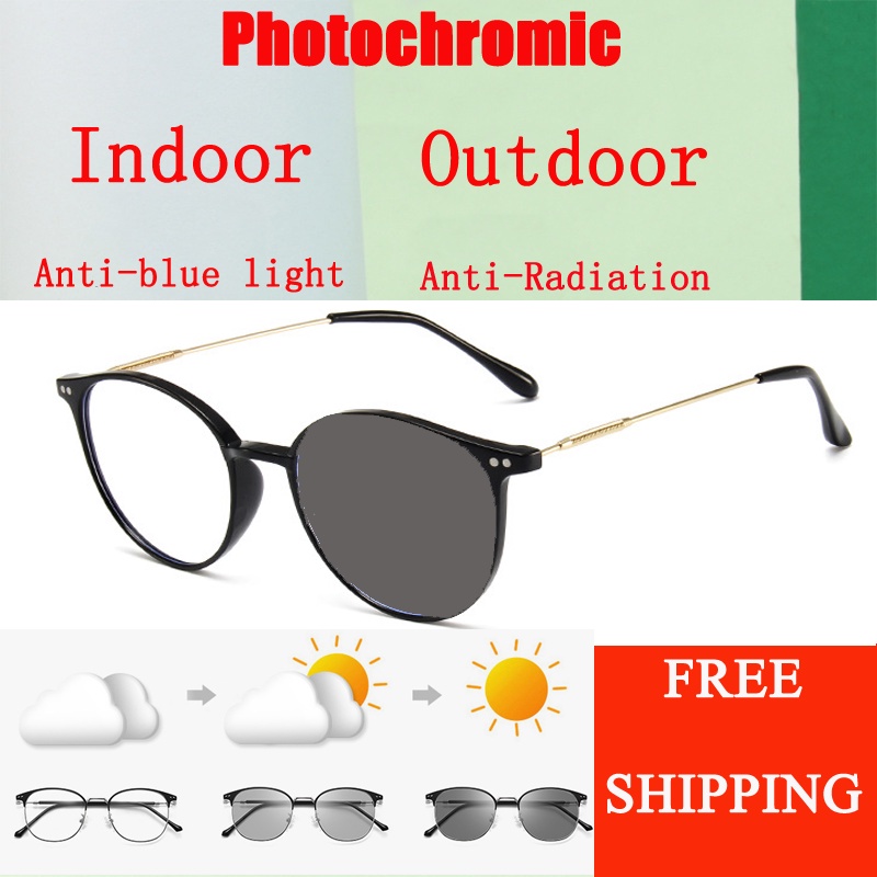 [COD] Kacamata Anti Radiasi Photochromic Pria Wanita Retro Metal Frame Bulat Sunglasses Polarized Kacamata hitam