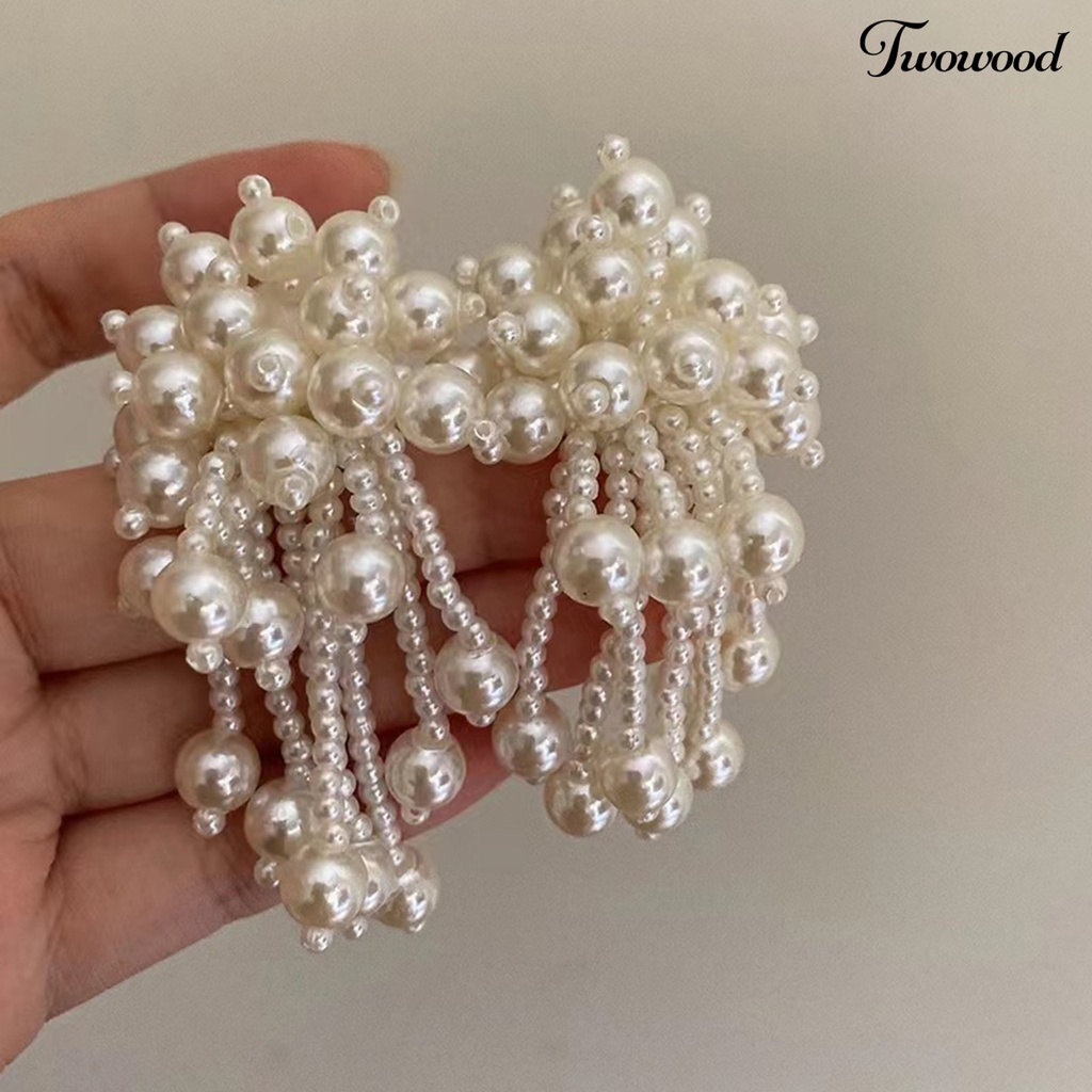 Twowood 1pasang Anting Menjuntai Kepribadian Berlebihan Multi-layer Berlapis Faux Pearl Ear Stud Anting Rumbai Aksesoris Fashion