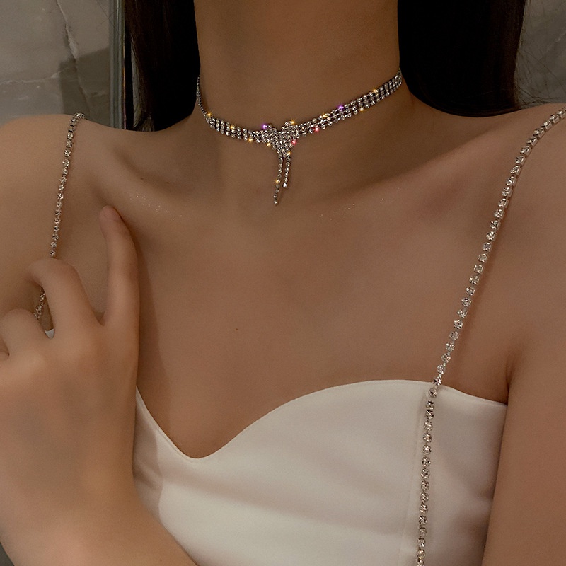 Kalung Kristal Hati Choker Rantai Klavikula Rumbai Silver Untuk Aksesoris Perhiasan Wanita