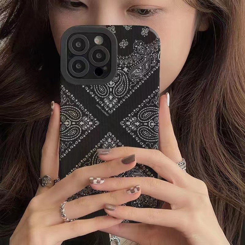 【Lamb Skin】Vintage Cashew Flower Lamb Skin Soft Case for iPhone 6S 7 Plus 8 Plus X XS XR XS Max 11 13 12 14 PRO Max 14 Plus 12 13 Mini Camera Protect Black Women's Leather