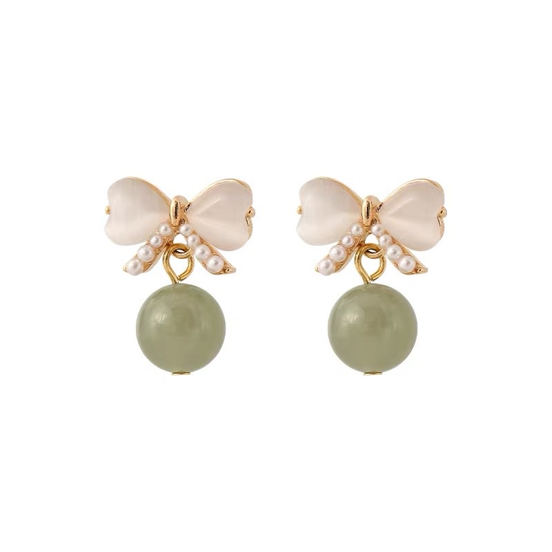S925 Perak Jarum Busur Simpul Opal Anting Perempuan Mutiara Bulat Resin Liontin Antik Anting Temperamen Perhiasan Gadis Seksi