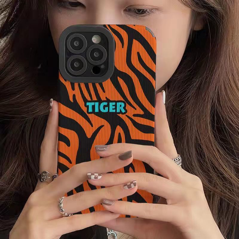 【Lamb Skin】Orange Tiger Pattern Soft Case for IPhone 6S 7 Plus 8 Plus X XS XR XS Max 11 13 12 14 PRO Max 14 Plus 12 13 Mini Camera Protect Women's Baolongwish Casing