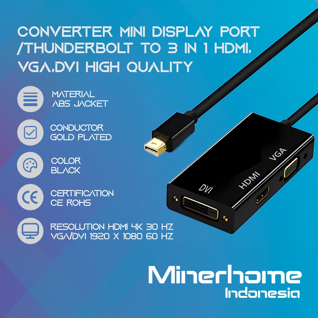 Converter Mini Display Port / Thunderbolt to 3 In 1 HDMI, VGA, DVI High Quality