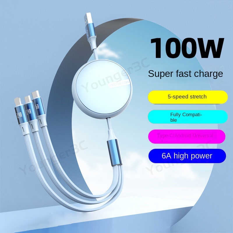3in1 100W Kabel Pengisian Super Cepat 6A Shell Logam Expandable Charging Data Line 1.2M USB Data Wire Untuk iOS Tipe C Android