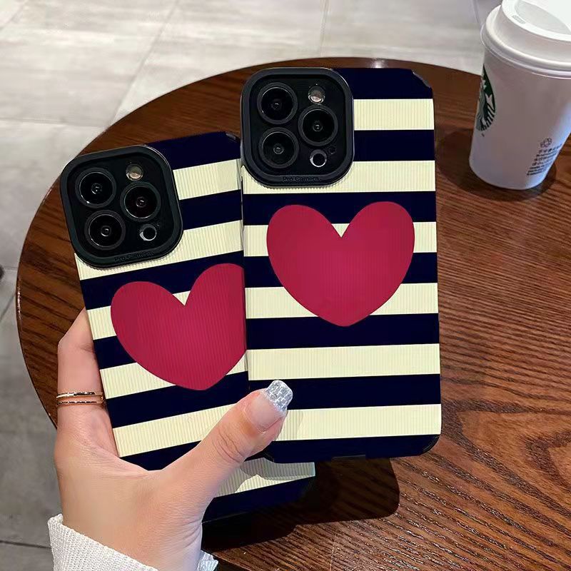 【Lamb Skin】Striped Red Heart Leather Soft Case for IPhone 6S 7 Plus 8 Plus X XS XR XS Max 11 13 12 14 PRO Max 14 Plus 12 13 Mini Camera Protect Phone CASE