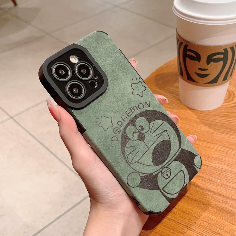 Green Leather Soft Case for IPhone 7 Plus 8 Plus X XS XR XS Max 11 13 12 14 PRO Max 14 Plus SE 2020 2022 Cute Star Green Cute Doraemon Cat