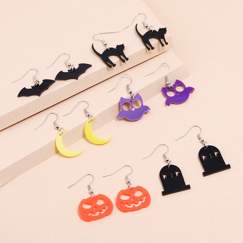 Halloween Lucu Lucu Geometris Telinga Kait Akrilik Kelelawar Kucing Burung Hantu Bulan Labu Anting 6pasang