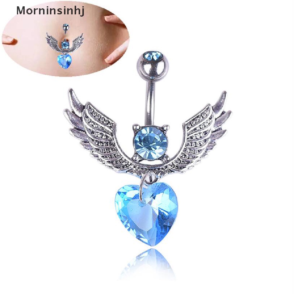 Mornin 16G Double Permata Kristal Hati Sayap Pusar Belly Button Cincin Perhiasan Tubuh id