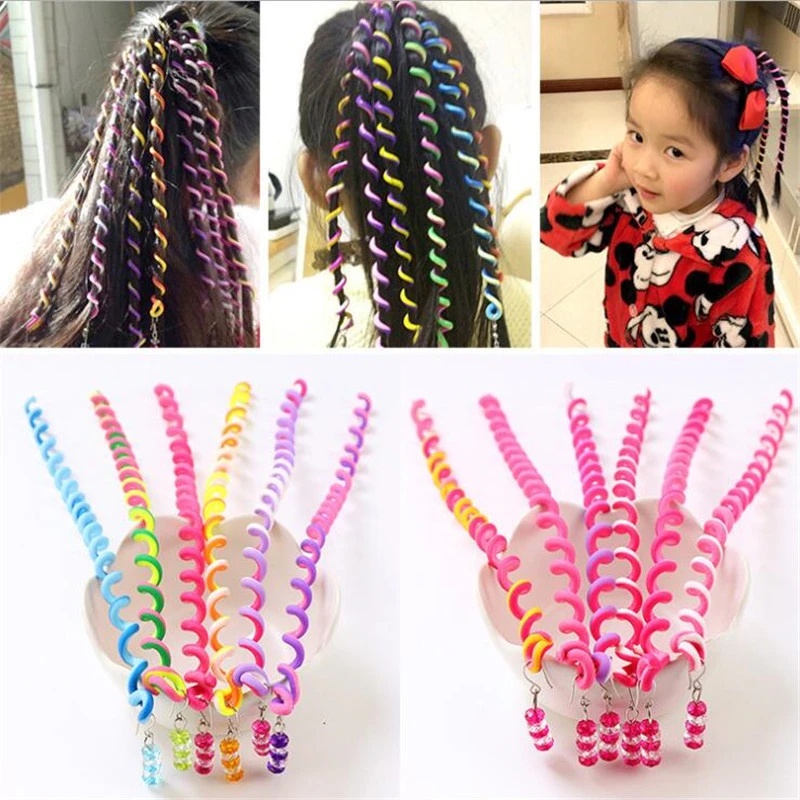 6pcs Karet Rambut Elastis Panjang Kristal Untuk Gadis Anak Aksesoris Rambut DIY Alat Styling Warna Pelangi Twist Kepang Curlers Headband Gaya INS Korea Lucu Manis Fashion