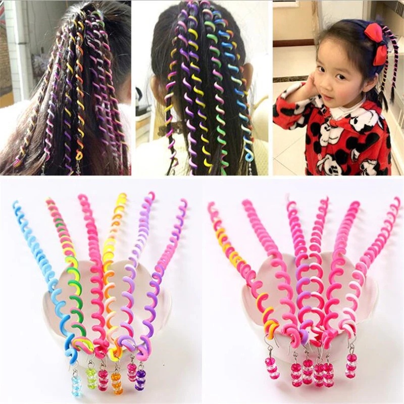 6pcs Lucu Warna Pelangi Twist Kepang Pengeriting Untuk Gadis Anak Aksesoris Rambut Manis DIY Alat Styling Bando Gaya Korea INS Kristal Panjang Elastis Rambut Band Fashion