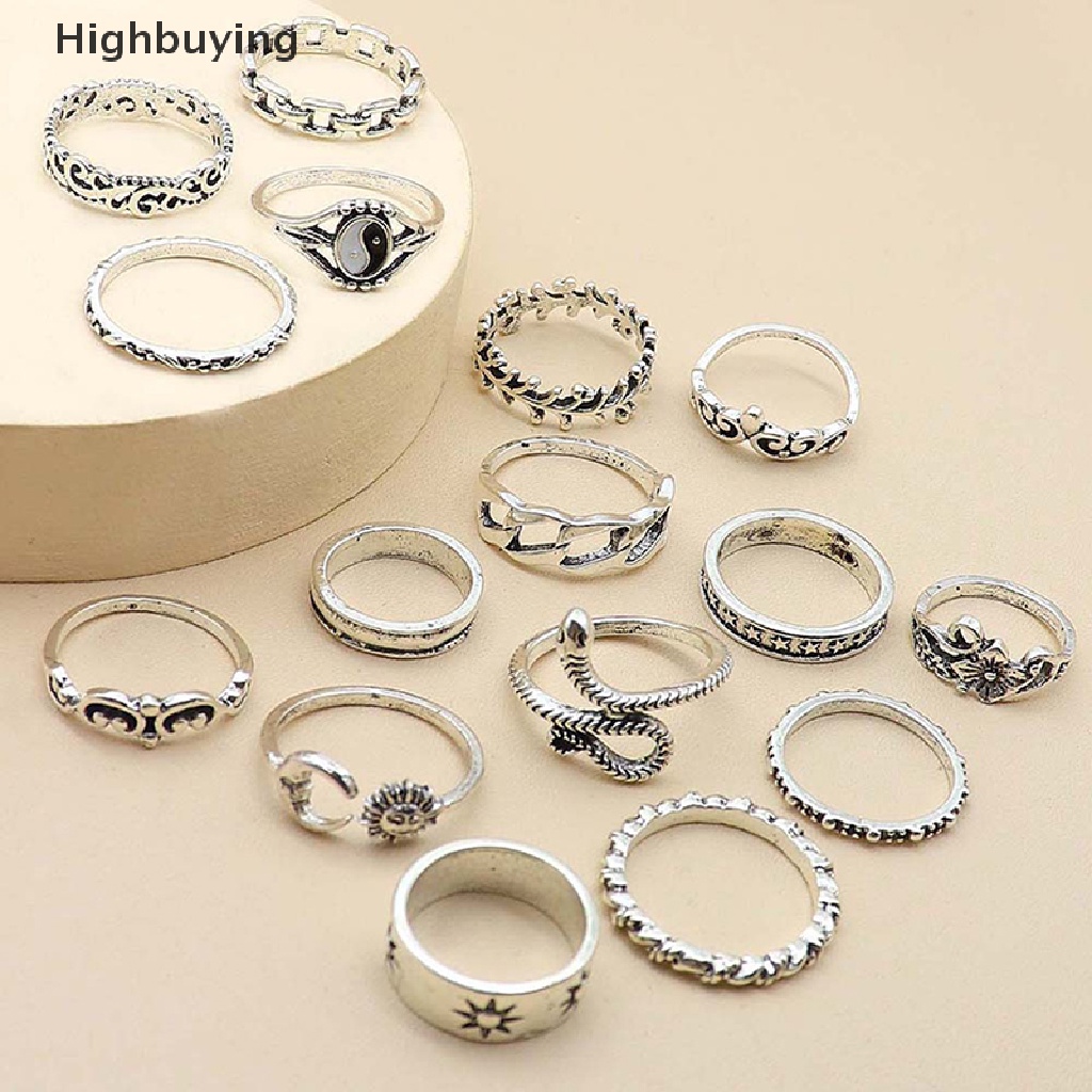 Hbid 16 Pcs Tren Gaya Temperamen Perhiasan Kepribadian Perempuan Retro Alloy Ular Bulan Gosip Matahari Cincin Set Glory