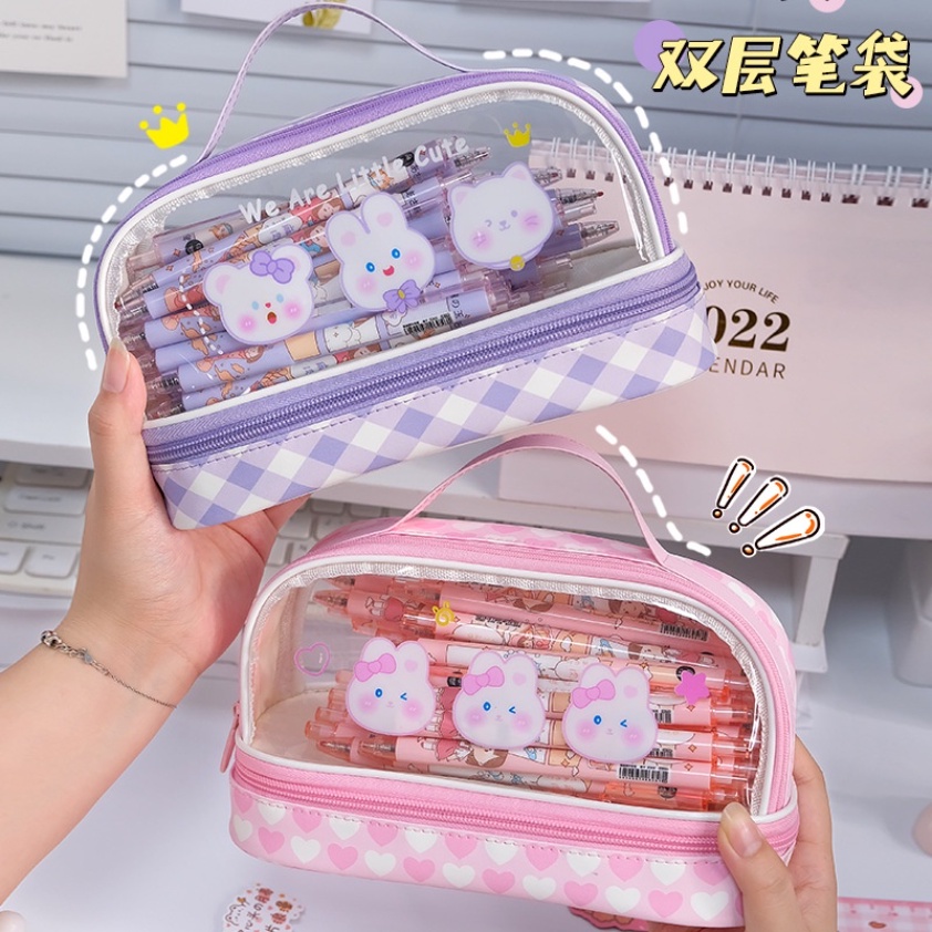 [Kapasitas] Ins PVC Pensil Case 2-Layer Siswa Anak Pulpen Tas Gadis Kawaii Sekolah Pen Case Tas Kosmetik Tas Multifungsi