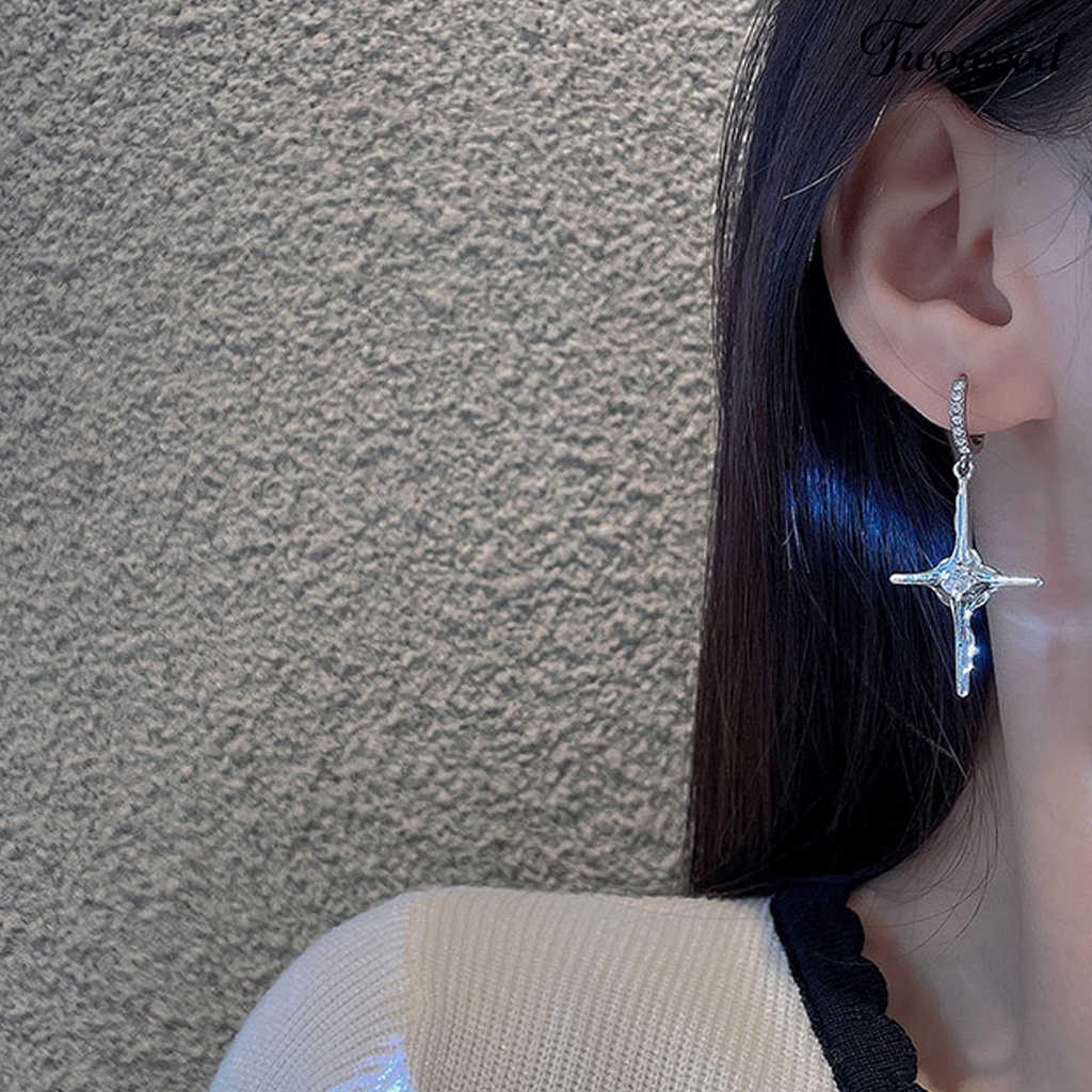 Twowood 1pasang Menjuntai Anting Temperamen Sederhana Terang Kilau Geometris Electroplating Hias Hadiah Wanita Liontin Salib Hoop Earrings Perhiasan Untuk Pacaran