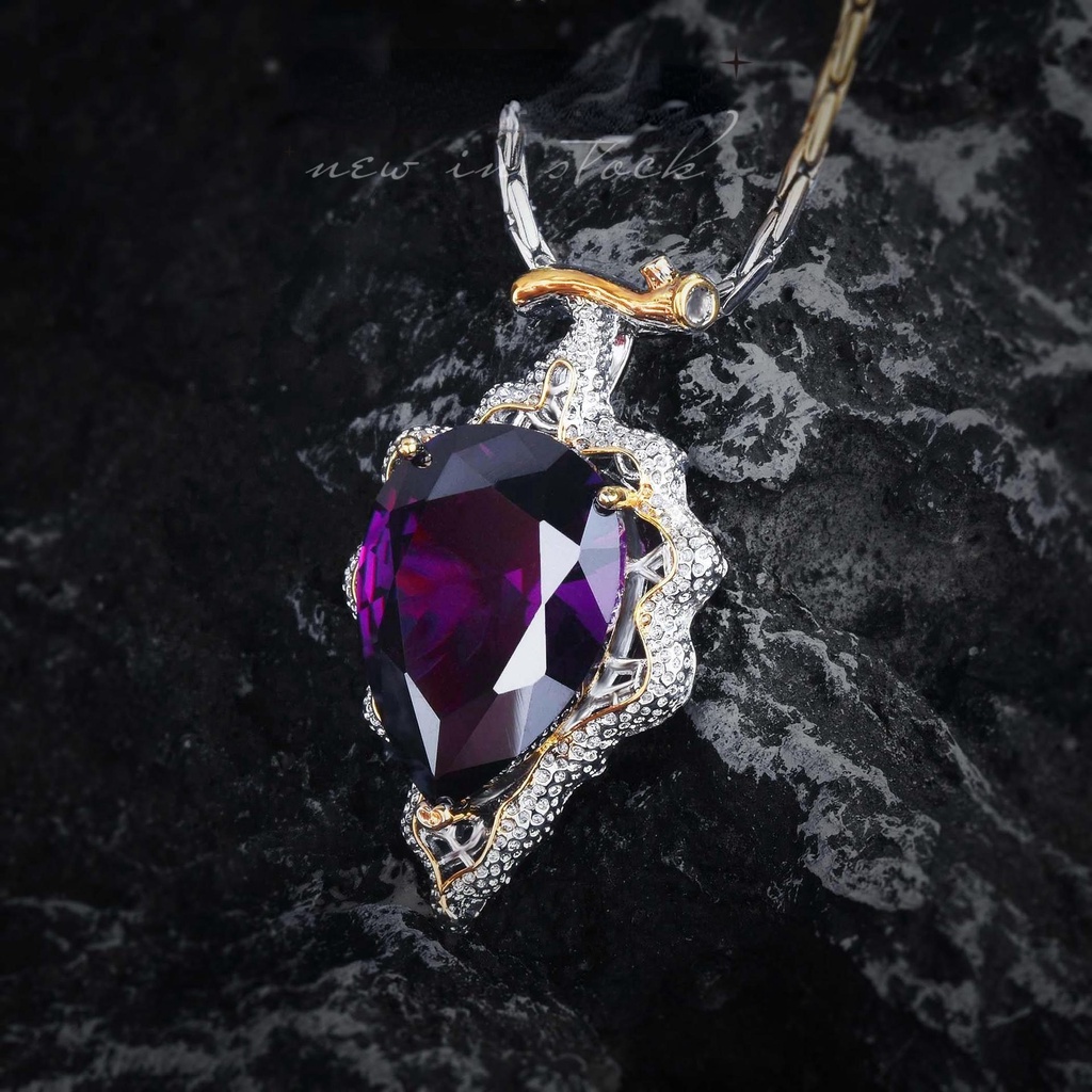 Goldkingdom Fashion Perhiasan Aksesoris Ready Stock Itali Two-tone Kerajinan Emas Asli Kadar 375 Tetesan Air Berbentuk Pir Liontin Di Kedua Sisi Memakai Imitasi Alami Amethyst Violet Kalung