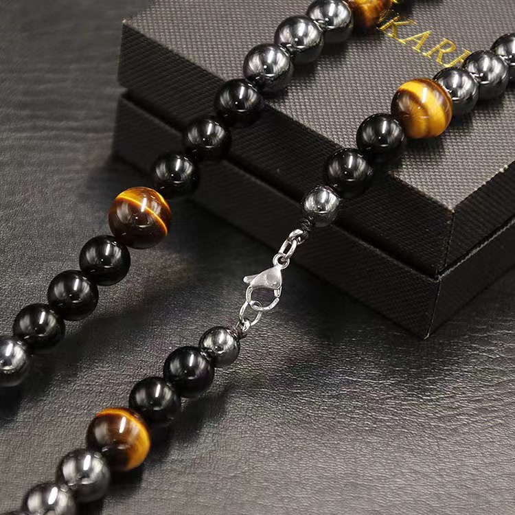 Kalung Manik-Manik Tiger Eye Vintage Pria/Kalung Obsidian Sederhana/Kalung Rantai Panjang/Kalung Choker Basic Sehari Hari/Aksesoris Perhiasan