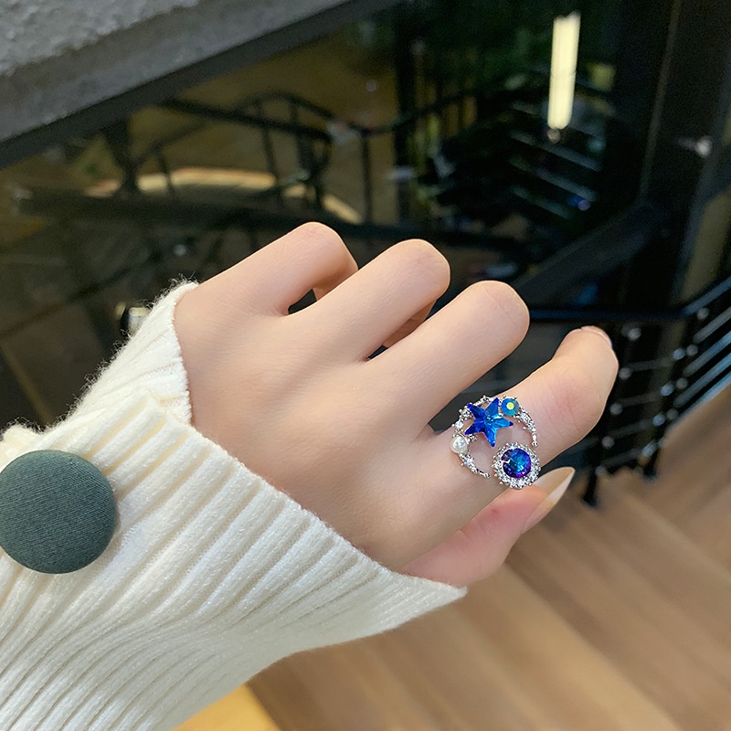 Mutiara Bulan Bintang Cincin Jari Berlian Indah Hadiah Fashion Elegan Cincin Planet Biru Sederhana Fashion Cincin Pesta Pernikahan Berlian Imitasi Bersinar Cincin Pembukaan Yang Dapat Disesuaikan Cincin