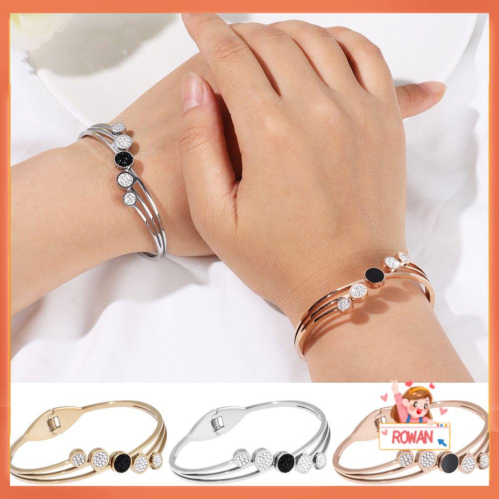 R-bunga Baja Titanium Zirkon Oval Bangle Aksesoris Perhiasan Wanita Perempuan Unik Memutar Gelang