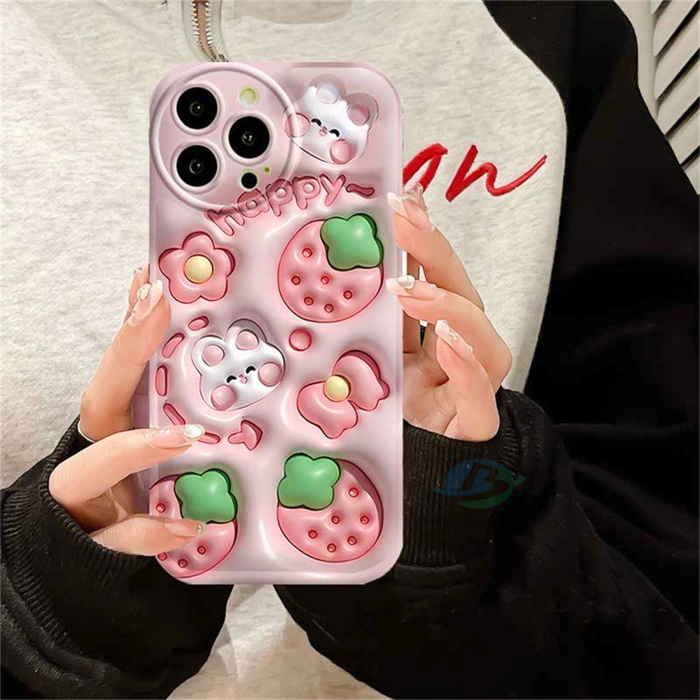 Casing hp Oppo A77S A57 A16 A16S A54S A16K A17 A5S A12 A3S A12E A92 A52 F1S A53 A33 A31 A9 A5 A15 A15S A54 F9 C1 A11K Cream Strawberry Rabbit Silikon Airbag Case Binteacase