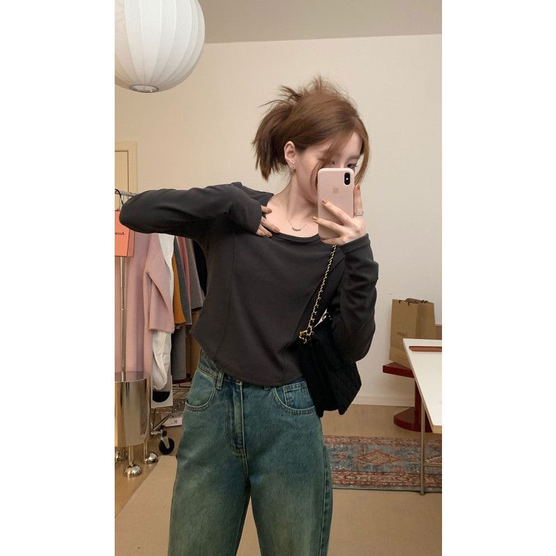 Red Dua Sisi Disikat Lembut Lilin Beludru Kemeja Wanita Musim Gugur dan Musim Dingin Dalam Kerah Persegi Tulang Ikan Tepi Busur lengan Panjang T-shirt Hangat Top