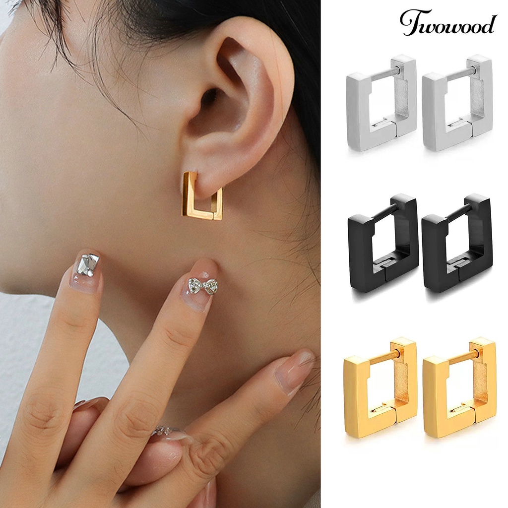 Twowood 1pasang Anting Hoop Bentuk Geometris Gaya Eropa Dan Amerika Electroplating Simplicity Charming Decoration Fade-Proof Titanium Steel Square Hoop Earrings