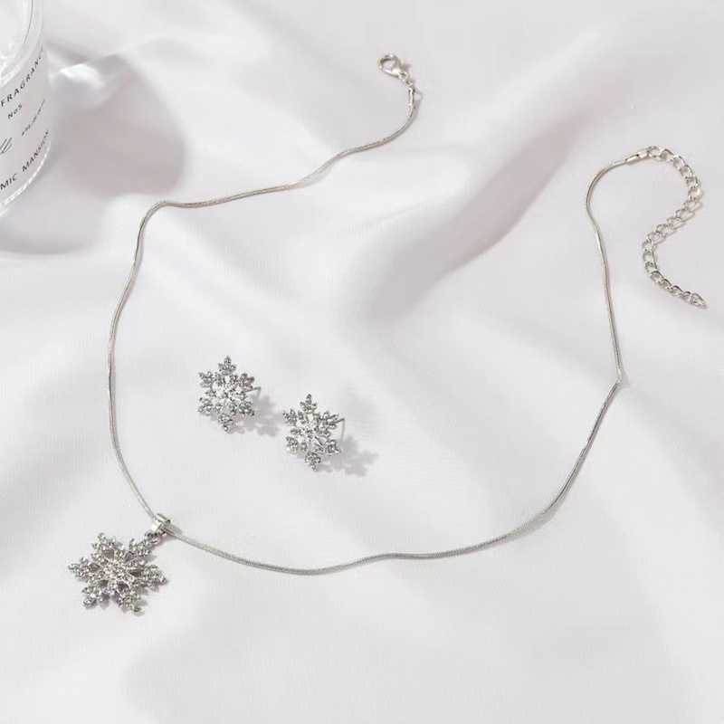 3 Pcs Snow Flower Kalung Anting Set Zirkon Bunga Kalung Snow Flower Anting Pasangan Tunangan Lamaran Kalung Untuk Wanita Bunga Perhiasan Set