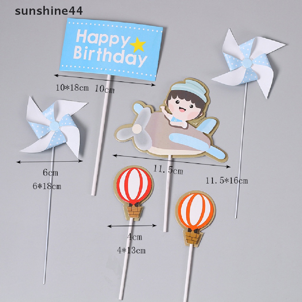 Sunshine Happy Birthday Cake Topper Pilot Pesawat Mobil Pohon Awan Anniversaire Decor Flag ID