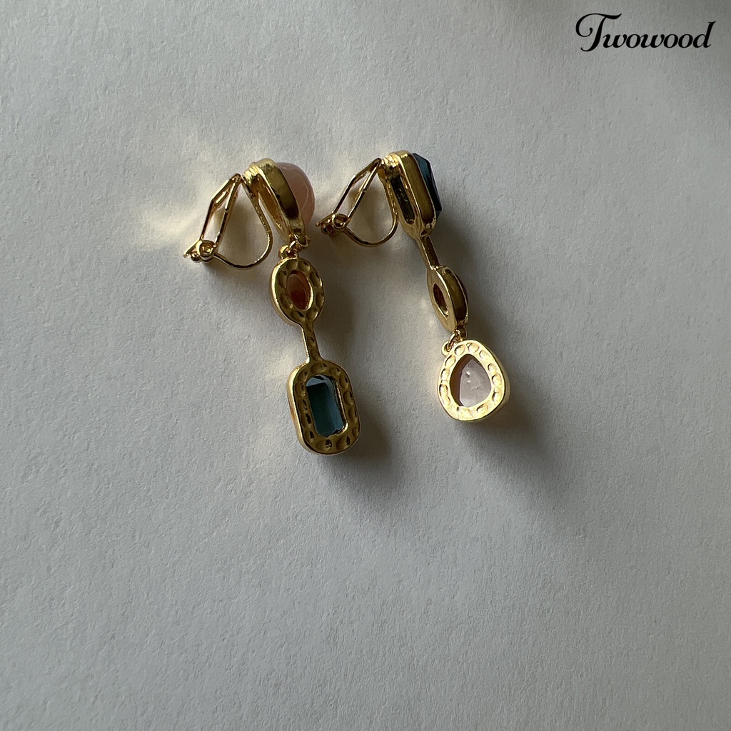 Twowood 1pasang Anting Menjuntai Medieval Asimetris Elegan Warna Kontras Batu Alam Drop Earrings Perhiasan Aksesoris