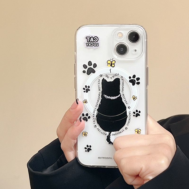 IPHONE Casing Magnetik Handphone Untuk Iphone14 13 12 11 Pro Max Kartun Kucing Hitam Lucu Soft case Transparan