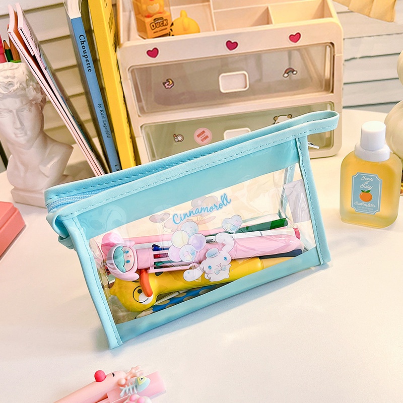 Sanrio Tas Pensil Transparan PVC Kapasitas Besar Kawaii Stationery Holder Bag Pen Case Siswa Perlengkapan Sekolah