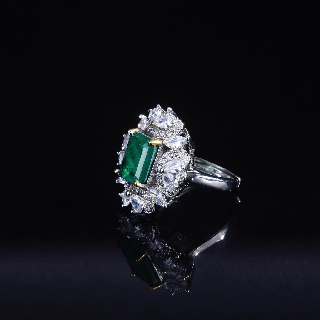 Goldkingdom Aksesoris Perhiasan Fashion Ready Stock Emerald Square Mewah Full Berlian Cincin Adjustable Untuk Wanita