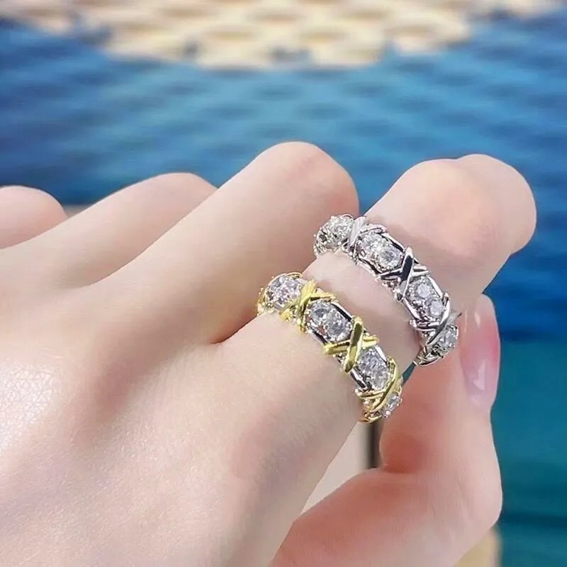 Sederhana Klasik Elegan Cincin Jari X Bentuk Pemisahan Bertatahkan Zirkon Emas Rings Fashion Mewah Populer Pertunangan Pernikahan Hadiah Pasangan Rings Indah