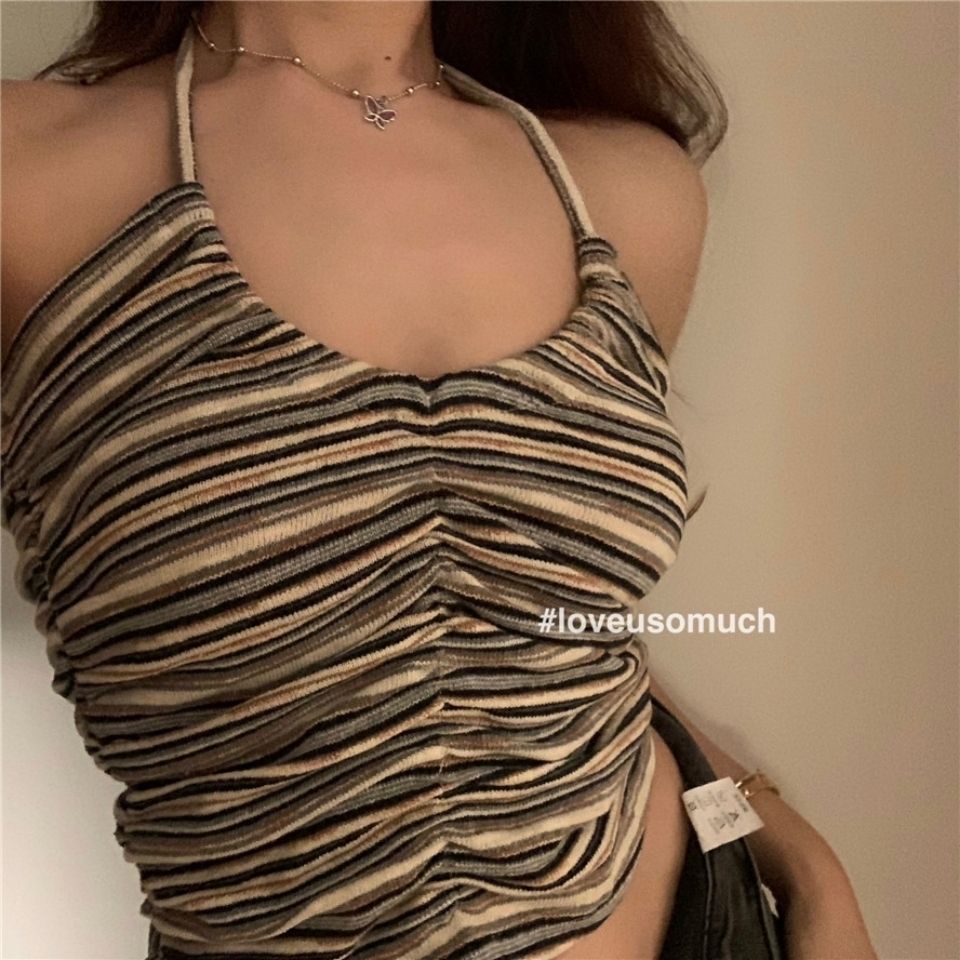 Red Pakaian Luar Seksi Bergaris Suspender Halter Leher Rompi Musim Panas Tanpa Lengan Tanpa Tali Dalam Kemeja Dasar Pendek Licik Top Wanita