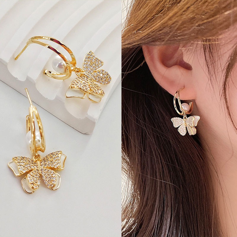 Temperamen Elegan Perancis Kupu-Kupu Bunga Mutiara Fashion Anting Sederhana Unik