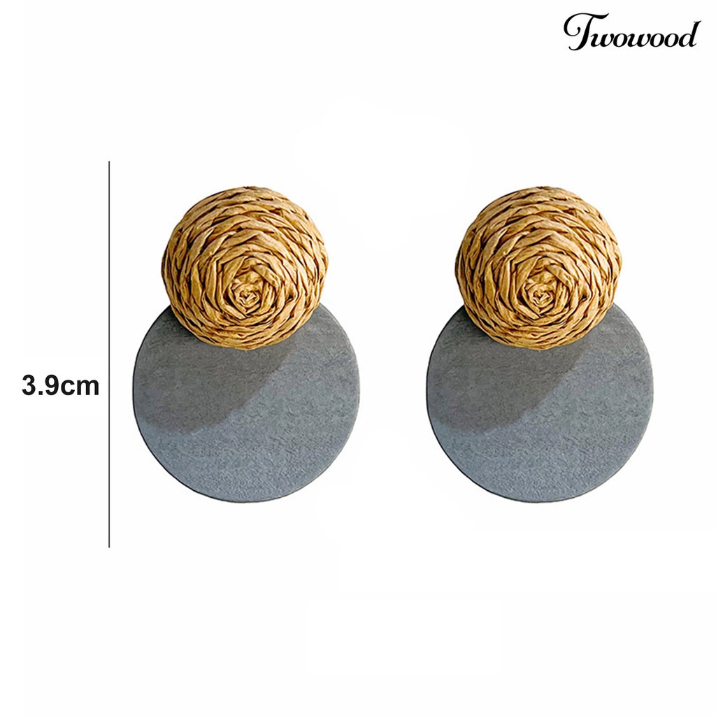 Twowood 1pasang Ear Studs Retro Rustic Gaya Simple Kasual Artistik Kayu Cincin Berongga Raffia Straw Splicing Wanita Anting Untuk Pacaran